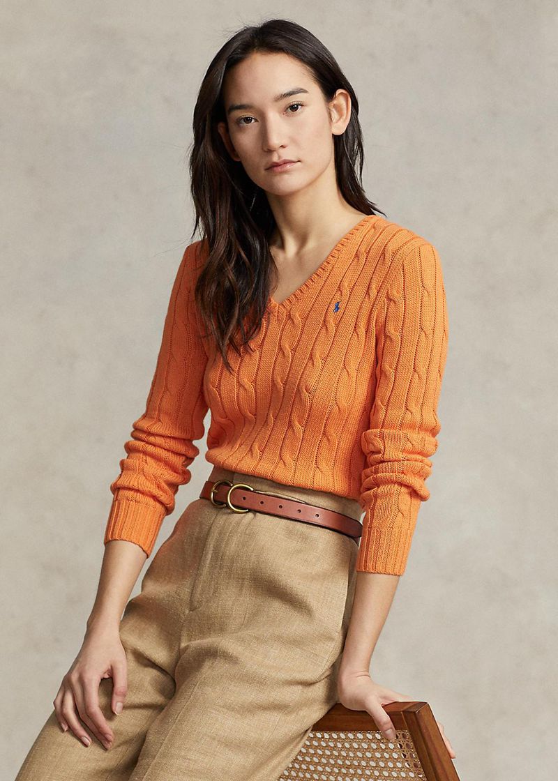 Sweater Polo Ralph Lauren Damska Pomarańczowe Cable-Knit Cotton V-Neck Jumper 613749-ZRH